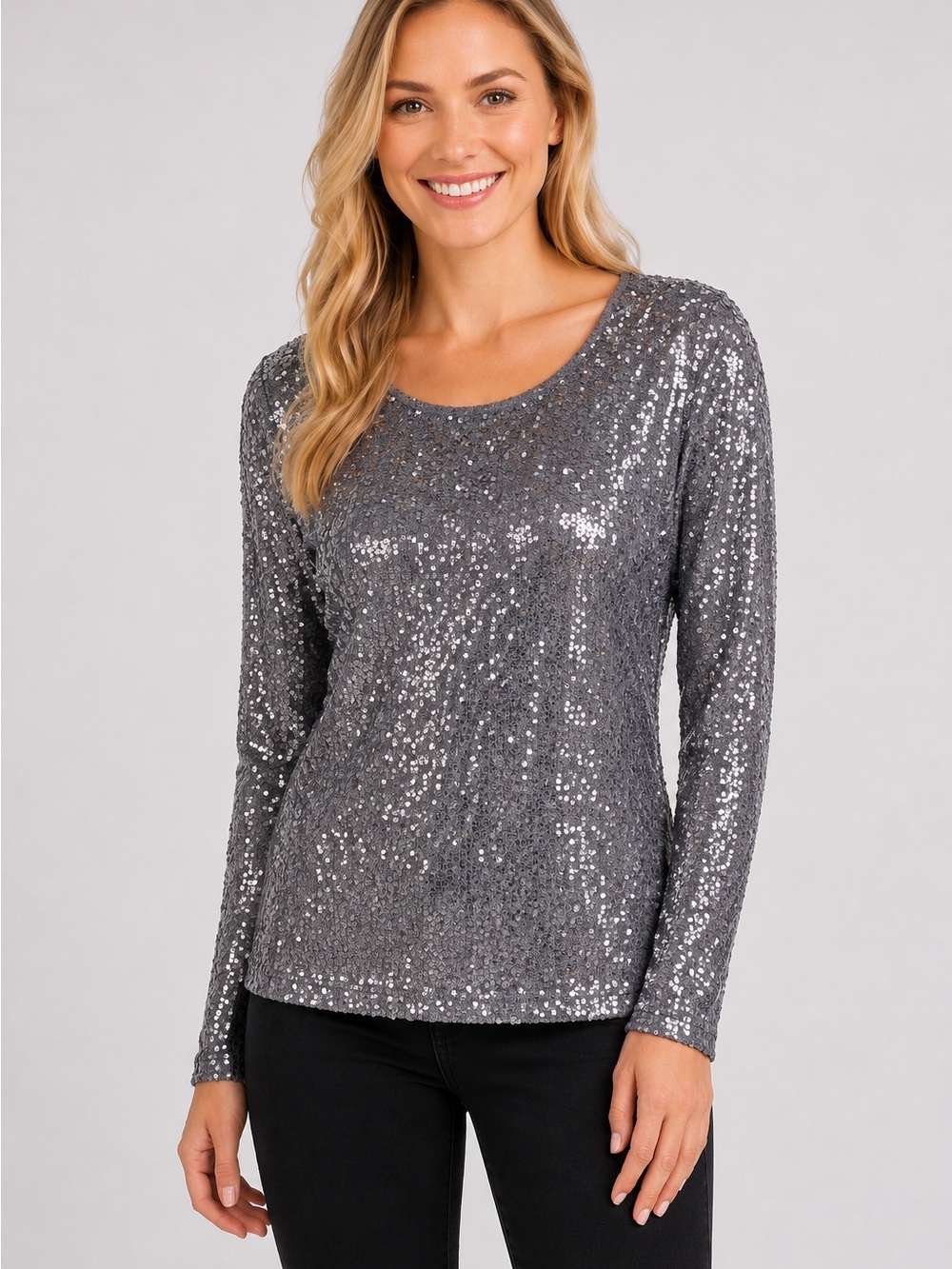Chan Luu Gray Long Sleeve Scoop Neck Modern Sequin Blouse Top Size S?